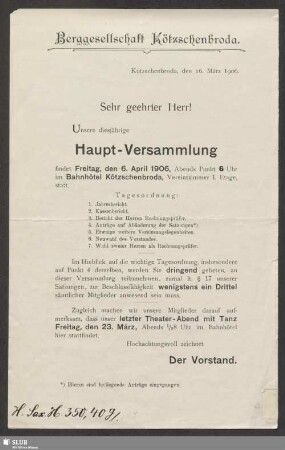 Berggesellschaft Kötzschenbroda : Haupt-Versammlung ... Freitag, den 6. April 1906