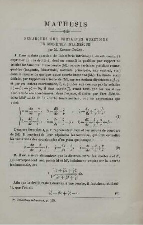 REMARQUES SUR CERTAINES QUESTIONS DE GÉOMÉTRIE INTRINSÉQUES.