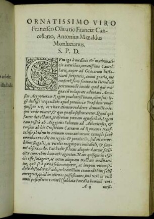 Ornatissimo Viro Francisco Olivario Franciæ Cancellario, Antonius Mizaldus Monlucianus.