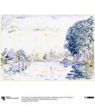 Flusslandschaft mit Häuschen und Bäumen