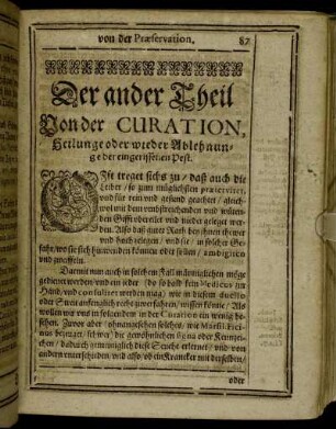 Der ander Theil Von der Curation, Heilunge oder wieder Ablehnunge der eingerissenen Pest.