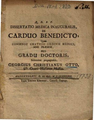 Dissertatio Medica Inauguralis, De Carduo Benedicto