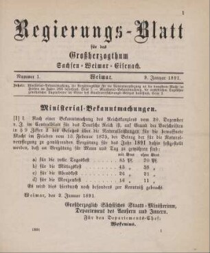 1. Ministerial-Bekantmachung, die Vergütungssätze für die Naturalverpflegung an die bewaffnete Macht im Frieden im Jahre 1891 betreffend