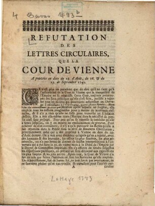 Refutation des Lettres circulaire que la Cour de Vienne a publiees 29.8. et 16./19.9.1742