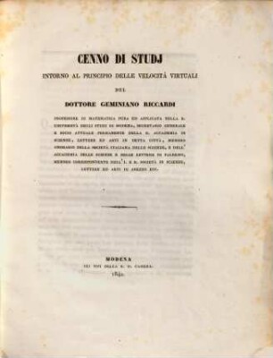 Cenno di studi intorno all principio delle velocita virtuali