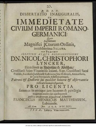 Dissertatio Inauguralis, De Immedietate Civium Imperii Romano-Germanici