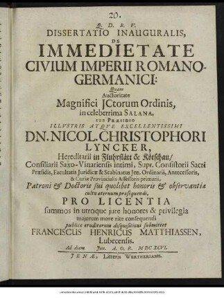 Dissertatio Inauguralis, De Immedietate Civium Imperii Romano-Germanici