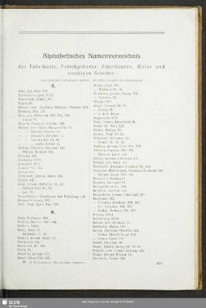 Alphabetisches Namenverzeichnis der Fabrikorte, Fabrikgründer, Fabrikanten, Maler und sonstigen Arbeiter