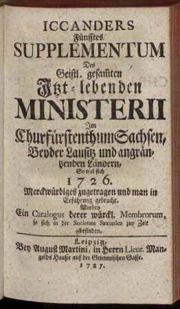 5: Iccanders ... Supplementum Des Geistl. gesam[m]ten Itzt-lebenden Ministerii Im Churfürstenthum Sachsen, Beyder Lausitz und angräntzenden Ländern