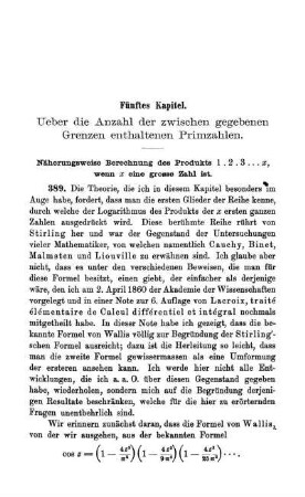 Fünftes Kapitel. Ueber die Anzahl der zwischen gegebenen Grenzen enthaltenen Primzahlen.