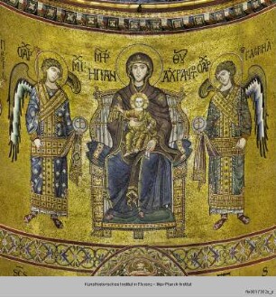 Mosaikprogramm : Hauptapsis, Chor : Apsis: Thronende Maria "Panachrantos" mit Kind, Michael, Gabriel