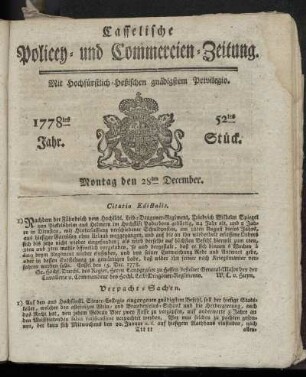 52tes Stueck, Montag den 28ten December. 1778