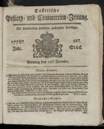52tes Stueck, Montag den 28ten December. 1778