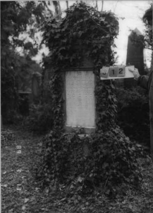 Grabstein 312 (Index: 100093228) Zustand: stark mit Efeu bewachsen Maße HxBxT: 200x59x28 cm Besonderheit: Doppelgrab für Eheleute: Grabstein 312