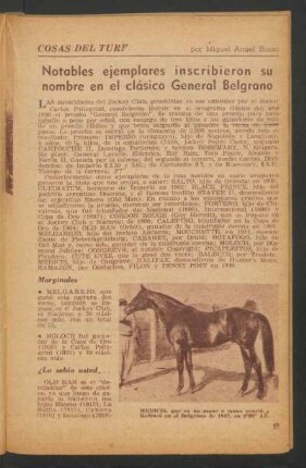 Notables ejemplares inscribieron su nombre en el clásico General Belgrano : Cosas del turf