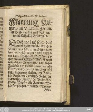 Warnung Lutheri/ im V. Tom. Jhenen. im Buch/ glossa auff das vermeint Keiserlich Edict/ 316. b.