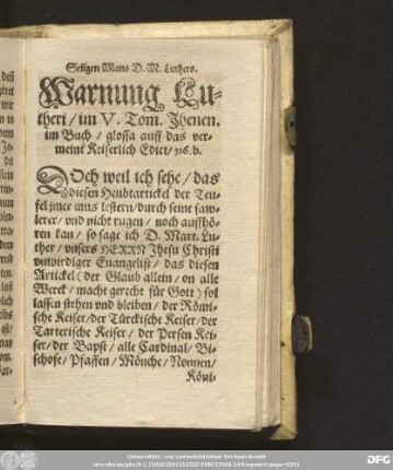 Warnung Lutheri/ im V. Tom. Jhenen. im Buch/ glossa auff das vermeint Keiserlich Edict/ 316. b.