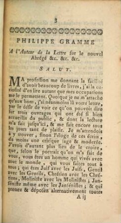 Lettre de Philippe Gramme, imprimeur a Liege, a l'auteur de la lettre sur le nouvel abrégé de l'Histoire Ecclésiastique, par M. l'Abbe R...
