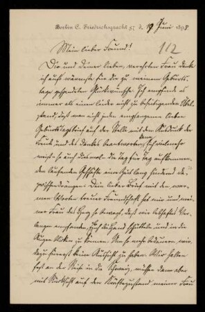 112: Brief von Reinhold Johow an Gottlieb Planck, Berlin, 19.6.1898