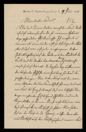112: Brief von Reinhold Johow an Gottlieb Planck, Berlin, 19.6.1898