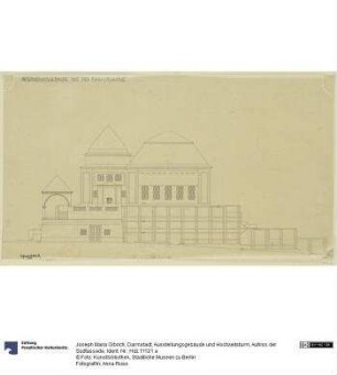 Darmstadt, Ausstellungsgebäude und Hochzeitsturm, Aufriss der Südfassade