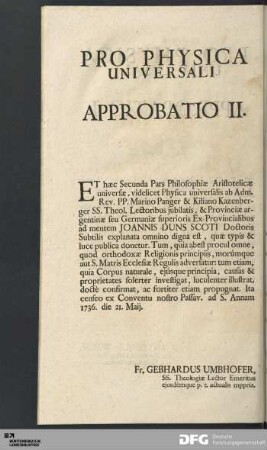 Pro Physica Universali / Approbatio II.