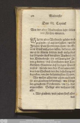Das III. Capitel Von der alten Waldensern Lehr/ Leben ond Kirchen-dienern.