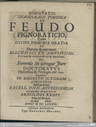 Disputatio inauguralis juridica de feudo pignoraticio