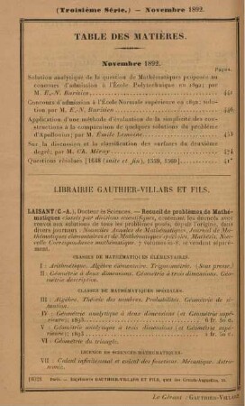 Table des matiéres. Novembre 1892.