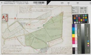 Holtfeld (Borgholzhausen) verpachtete Markgrundstücke des Hauses Holtfeld mit Ansicht des Hauses Holtfeld 18.Jh. o.M. 32,5 x 47 kol. Zeichnung Haus Holtfeld Nr. 1, Dep.