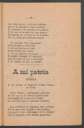 A mi patria : Soneto. A mi amigo el payador Pedro Ponce de León