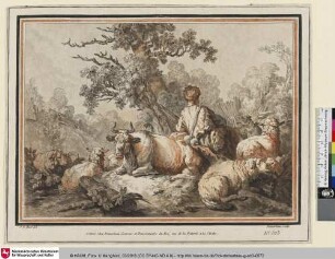 [Hirte mit Schafen, Rind und Hund; Pastorale]
