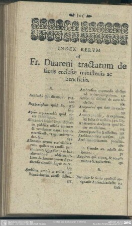 Index Rerum ad Fr. Duareni tractatum de sacris ecclesiae ministriis ac beneficiis