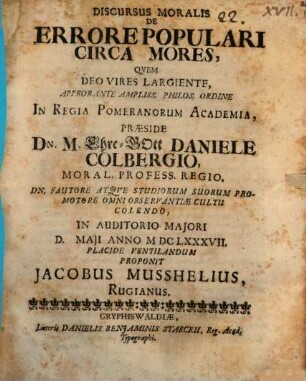 Discursus mor. de errore populari circa mores