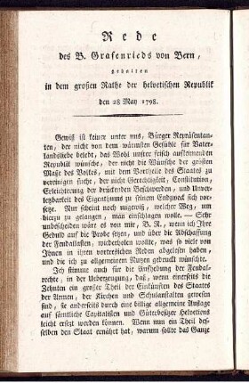 Rede des Grafenrieds von Bern, gehalten in dem großen Rathe der helvetischen Republik den 28 May 1798.