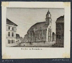 Die Stadtkirche in Hainichen in Sachsen hinter dem Rathaus südöstlich des Marktes (1905/06 abgerissen)