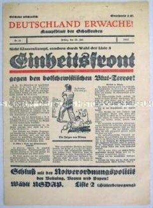 NS-Propagandazeitung "Deutschland erwache!" mit antikommunistischer Hetze auf der Titelseite