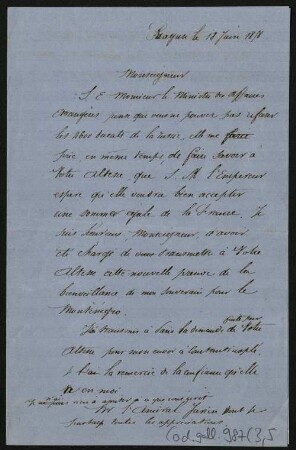 52 Briefe, Originale bzw. Abschriften: Diplomatische Korrespondenz der Hauptakteure der Montenegropolitik der Jahre 1857-1861 - BSB Cod.gall. 987(1-5, Teil 3,5. The Hyacinthe Hecquard - Prince Danilo I correspondence, 1858 (5 pieces of correspondence written during the dramatic first half of 1858), Nr. 5: Hyacinthe Hecquard (Ragusa) to Prince Danilo I, June 18, 1858 - BSB Cod.gall. 987(3,5