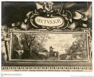 Deckendekoration mit Tugendfiguren, Sibyllen und Landschaften, Landschaften mit Bezügen zur Bibliothek, Flusslandschaft