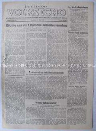 Wochenzeitung der KPD Baden "Badisches Volksecho" u.a. zum Marshallplan
