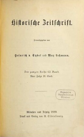 Historische Zeitschrift : HZ. 62. 1889