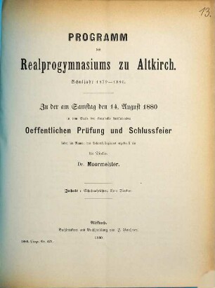 Programm des Realprogymnasiums zu Altkirch : Schuljahr .... 1879/80
