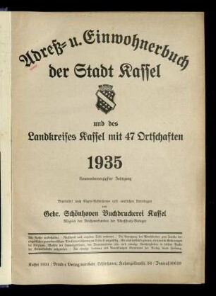 Jg. 99.1935: Adreß- u. Einwohnerbuch der Stadt Kassel und des Landkreises Kassel mit 47 Ortschaften