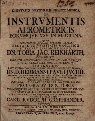 Disp. ... de instrumentis aërometricis, eorumque usus in medicina