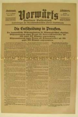 Fragment des Zentralorgans der SPD "Vorwärts" über verschiedene Abstimmungen im Preußischen Landtag