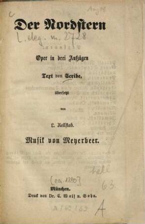 Der Nordstern : Oper in 3 Aufzügen