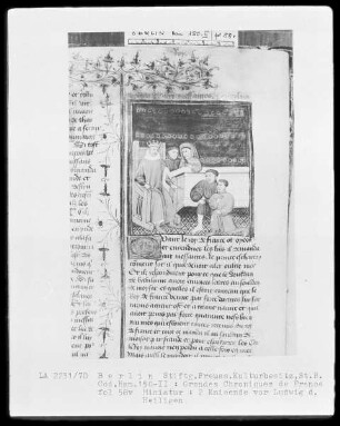 Chroniques de France in zwei Bänden — Chroniques de France, Band 2 — Zwei Kniende vor Ludwig dem Heiligen, Folio 58verso