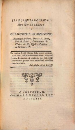 Oeuvres de Jaques Rousseau. 9,2. Jean Jaques Rousseau a Christophe de Beaumont. - 1769. - XL, 128 S.