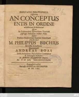 Disputatio Philosophica, Dispiciens An Conceptus Entis In Ordine ad inferiora sit Univocus?