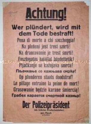 Maueranschlag mit der Ankündigung der Todesstrafe bei Plünderungen nach Luftangriffen (mehrsprachig)